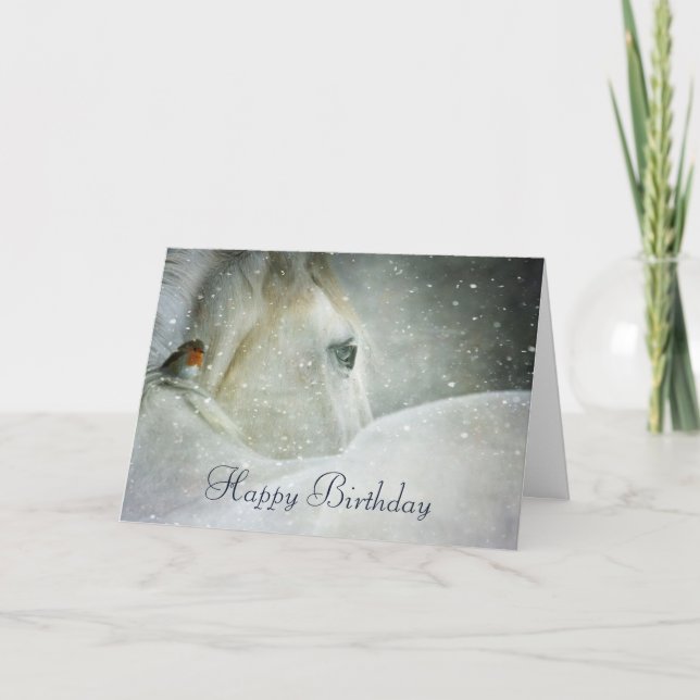 Carte Cheval blanc et oiseau dans une chute de neige hiv (Devant)