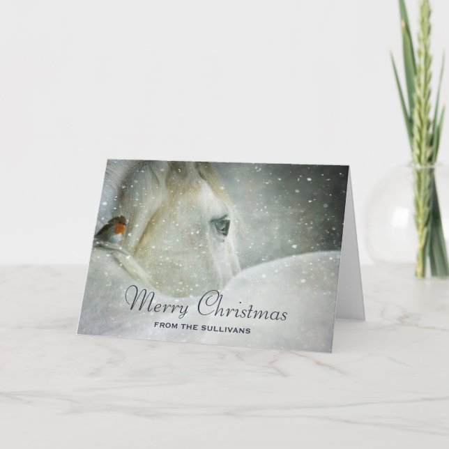 Carte Cheval blanc et oiseau dans une neige hivernale No (Devant)