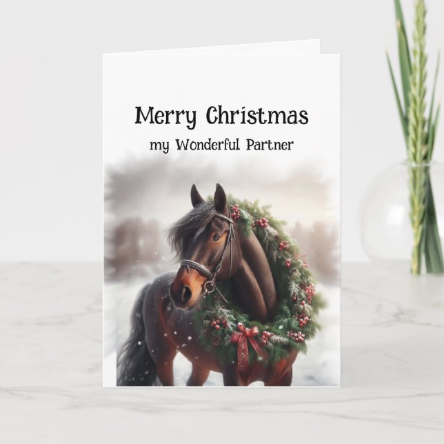 Carte Cheval Brown de Noël Merveilleuse couronne partena (Devant)