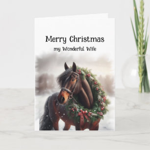 Carte Cheval Brown de Noël Merveilleuse Femme Wreath