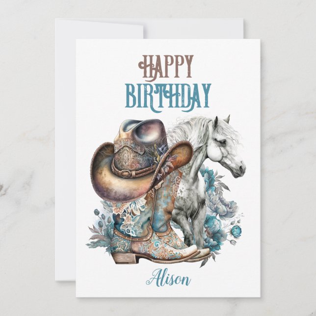 Carte Cheval de fille à cheval floral ouest Anniversaire (Devant)