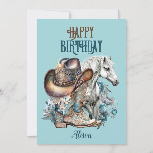 Carte Cheval de fille cheval floral western bleu Anniver (Devant)