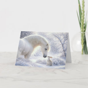 Carte Cheval et lapin Bunny dans la neige Charmant 