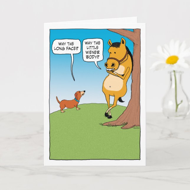 Carte Cheval mignon et drôle et Dachshund Anniversaire (Petite plante)