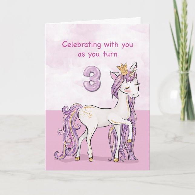 Carte Cheval rose 3e anniversaire avec couronne (Devant)