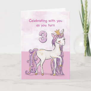 Carte Cheval rose 3e anniversaire avec couronne