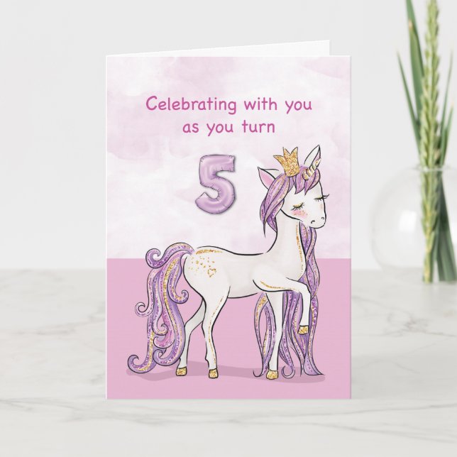 Carte Cheval Rose Avec Couronne Pour 5ème Anniversaire (Devant)