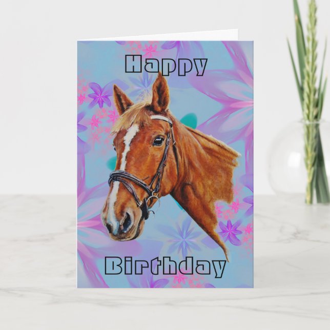 Carte Cheval tête sur fleurs Joyeux anniversaire. (Devant)