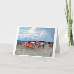 Carte Chevaux de ranch, Hiroshi Yoshida, Woodcut