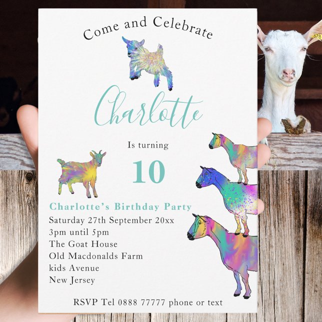 Carte Chèvres Colorées Animaux Mignons 10ème Anniversair (Cute goats farm animal themed 10th birthday party invitation with colorful animal art)