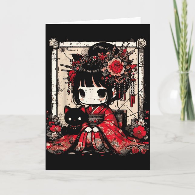Carte Chibi Kimono Girl Black Cat Flowers Japanese Art W (Devant)