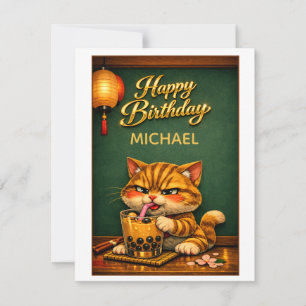 Carte Chibi Neko Chat Tigre Boba Bubble Tea Anniversaire