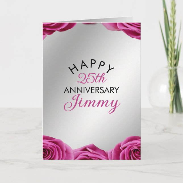 Carte Chic Argent rose Roses Mari 25e anniversaire (Devant)