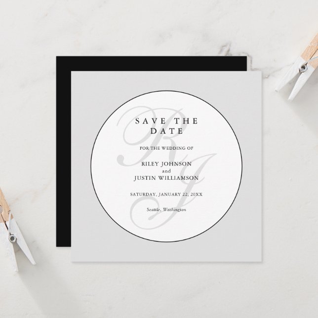 Carte Chic Black and White Monogram Save the Date (Devant/Arrière en situation)