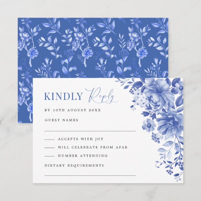 Carte Chic Bleu Blanc Chinoiserie Floral Wedding RSVP (Devant / Derrière)