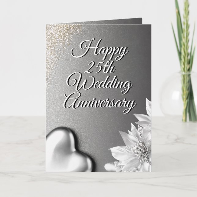 Carte Chic Coeur d'argent 25e anniversaire Mariage (Devant)