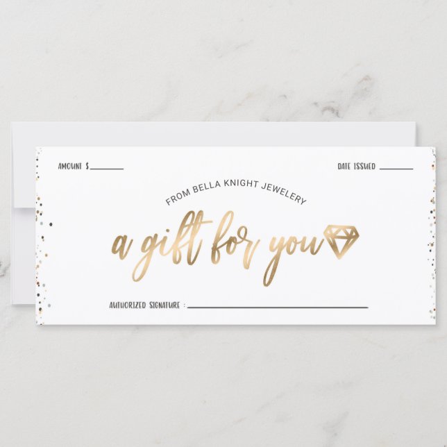 Carte Chic Confetti & Gold Diamond Gem Certificat cadeau (Devant)
