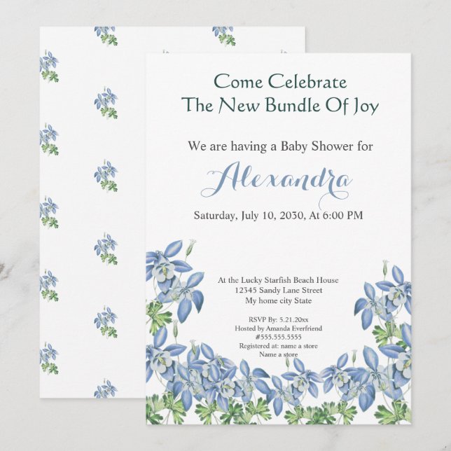 Carte Chic Floral Columbine Blue Boy Baby shower (Devant / Derrière)