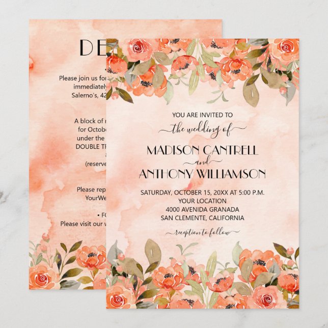 Carte Chic Mariage Floral Aquarelle Tout en un Invitatio (Devant / Derrière)