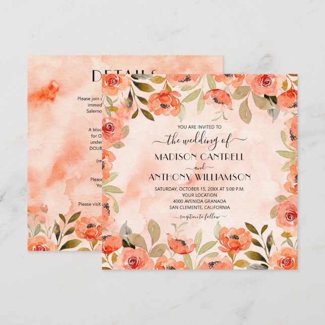 Carte Chic Mariage Floral Aquarelle Tout en un Invitatio (Devant / Derrière)