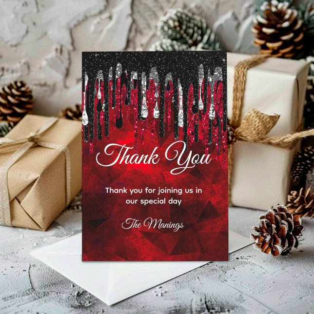 Carte Chic noir et rouge et argent gouttes merci (Créateur téléchargé)