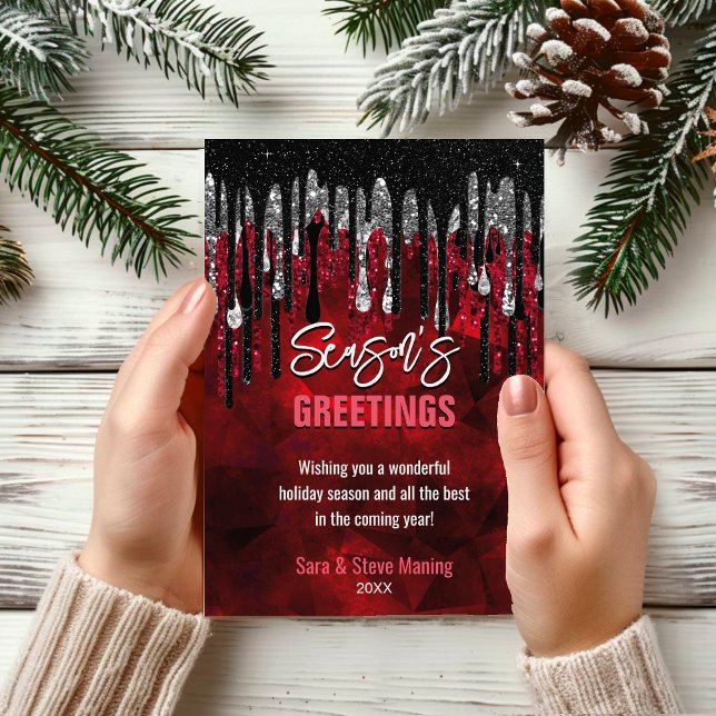 Carte Chic noir rouge parties scintillant gouttes Noël N (Créateur téléchargé)