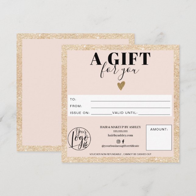 Carte Chic or blush rose carré certificat cadeau logo (Devant / Derrière)