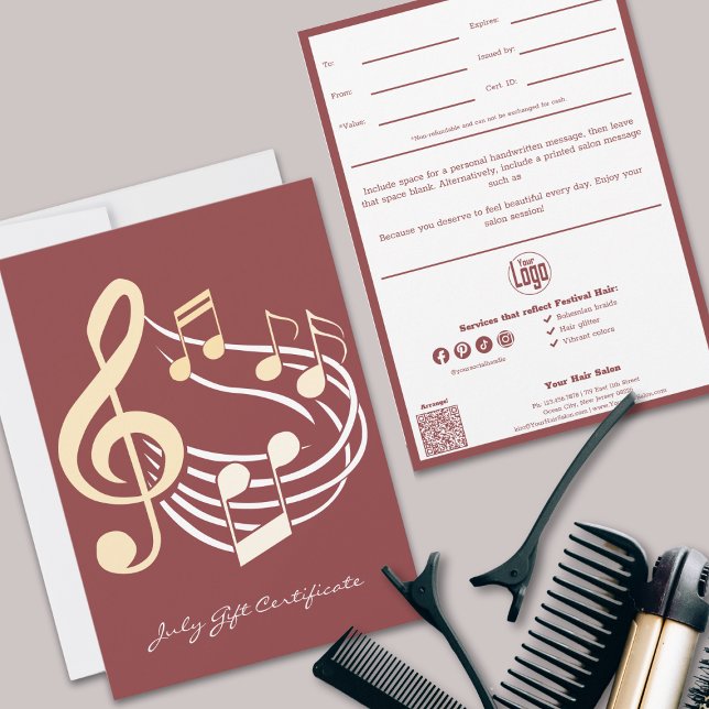 Carte Chic QR Code Services Note Juillet Certificat Cade (Chic QR Code Services Note July Gift Certificate, Musical Swirl, Festival Hair Styles)