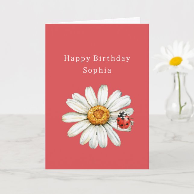 Carte Chic Red White Daisy Flower Ladybug Birthday (Petite plante)