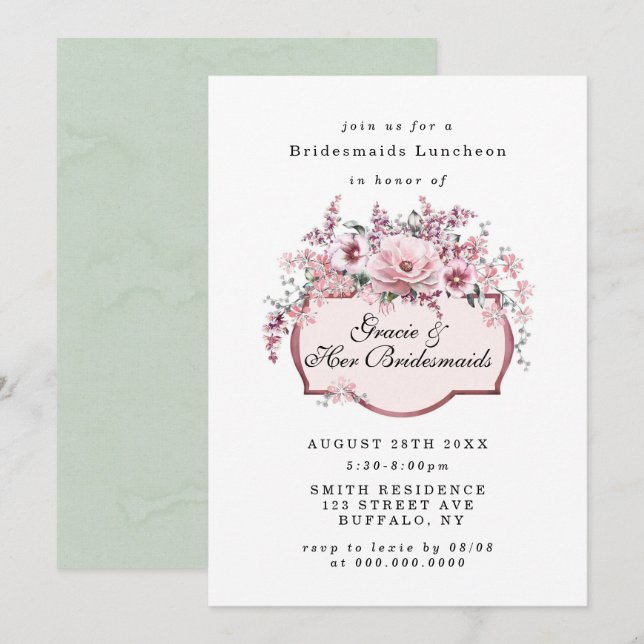 Carte Chic Rose Gold Floral Bridesmaids Luncheon Invitat (Devant / Derrière)