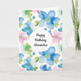 Carte Chic Rose Vert Bleu Floral Anniversaire