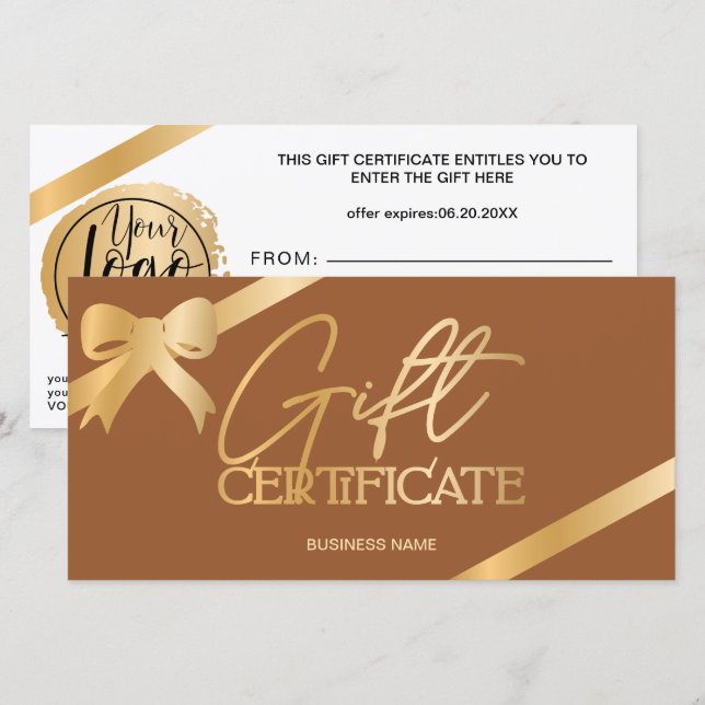 Carte Chic ruban en feuille d'or logo boho certificat ca (Devant / Derrière)