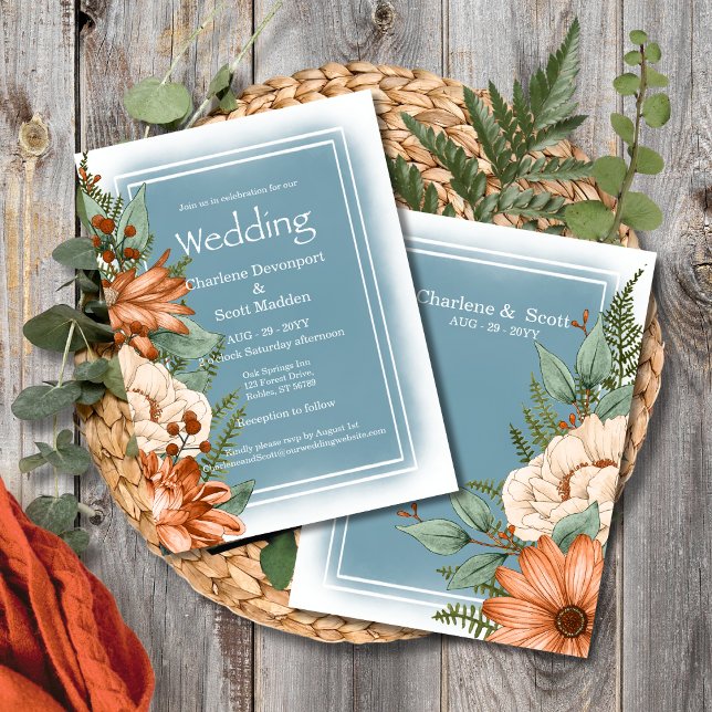 Carte Chic Smokey Blue Orange Cream Florals Mariage (Créateur téléchargé)