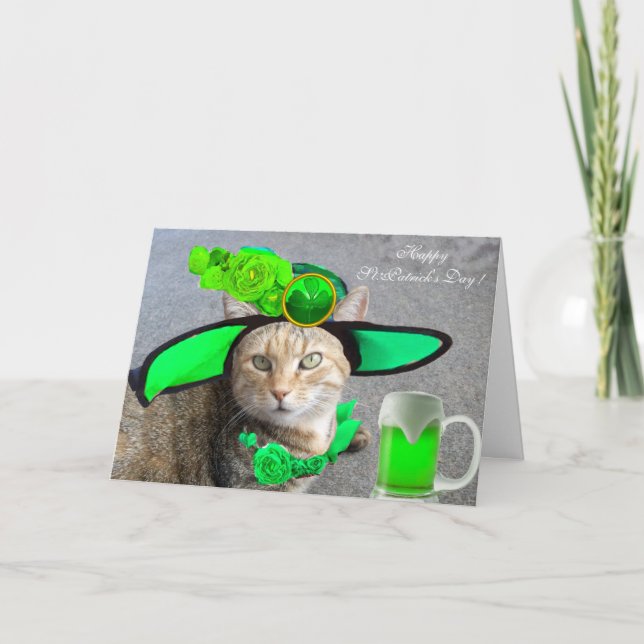 CARTE CHIC ST.PATRICK'S DAY CAT, ROSES VERTS, BIÈRE IRLA (Devant)