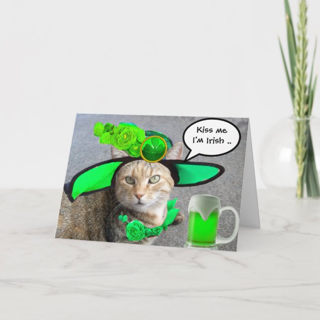 CARTE CHIC ST.PATRICK'S DAY CAT, ROSES VERTS, BIÈRE IRLA (Devant)