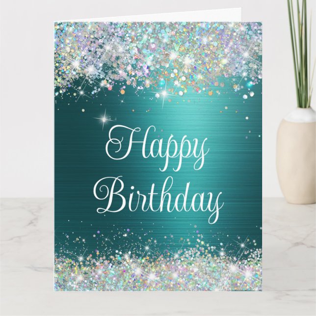Carte Chic Turquoise Holographique Faux Parties scintill (Devant)