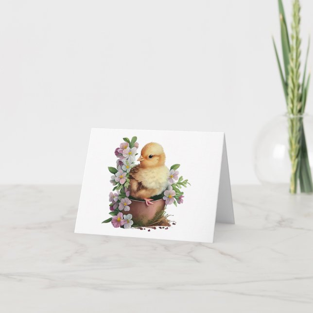 Carte Chick en pot d'aquarelle avec Fleurs BLANC (Devant)