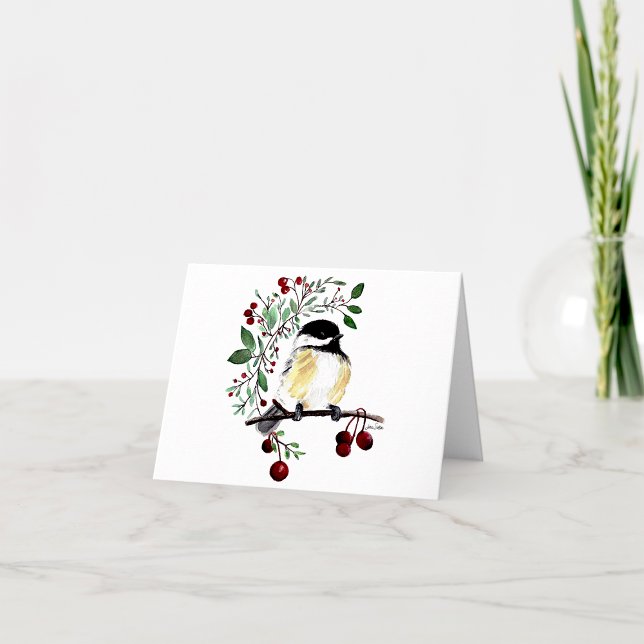 Carte Chickadee Watercolor Charming Note Card (Cute chickadee watercolor with greenery and berries from Jenn Steffen Art)