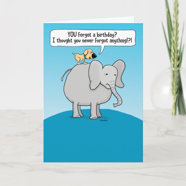 Carte Chien amusant et éléphant oublieux Anniversaire ta (Devant)