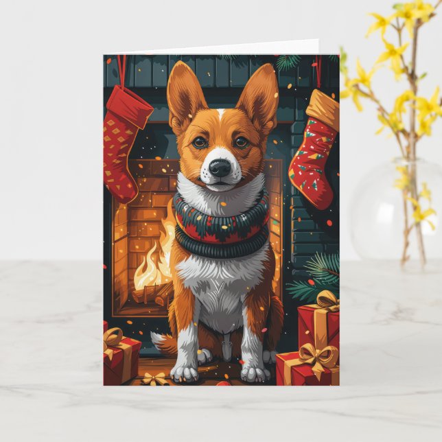 Carte Chien Basenji Avec Cheminée Cadeaux De Noël (Fleur jaune)