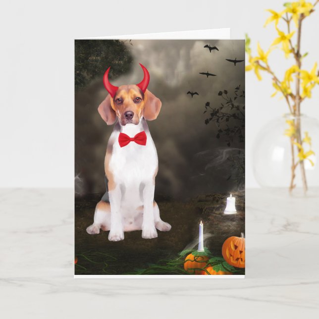 Carte Chien beagle en costume d'Halloween (Fleur jaune)
