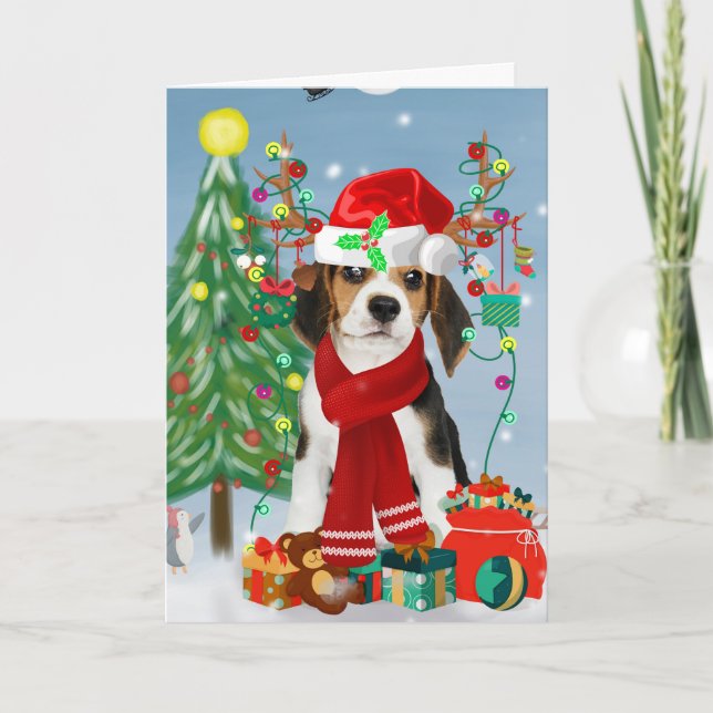 Carte Chien beagle en neige avec cadeaux de Noël (Devant)