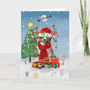 Carte Chien berger australien en neige cadeau de Noël