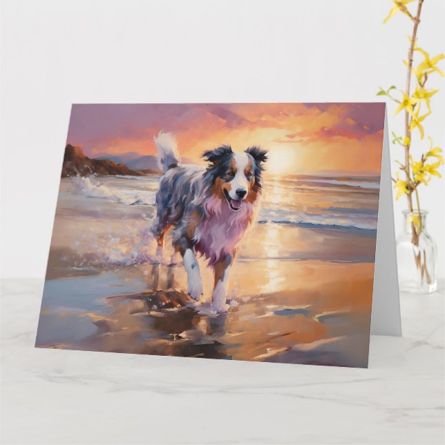 Carte Chien berger australien sable sur coucher de solei (Fleur jaune)
