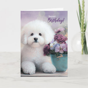 Carte Chien Bichon Frise d'anniversaire avec des fleurs