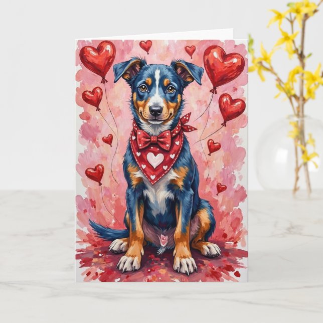 Carte Chien Blue Heeler de la Saint-Valentin avec des cœ (Fleur jaune)