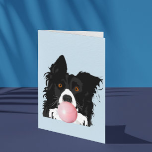Carte Chien Border Collie qui souffle du bubble gum