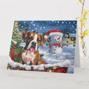 Carte Chien Boxer dans un traîneau neige Noël
