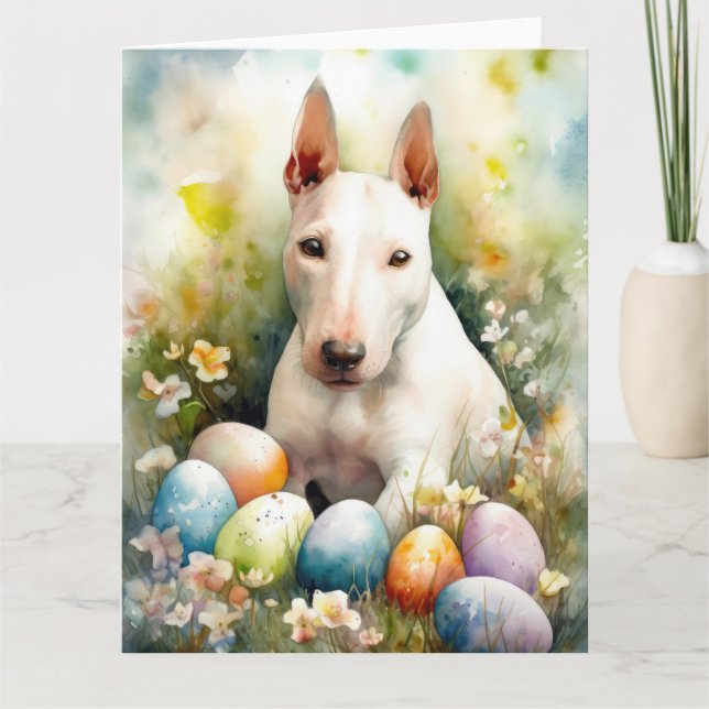 Carte Chien Bull Terrier avec œufs de Pâques en vacances (Devant)