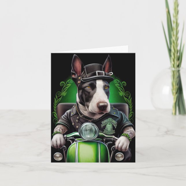 Carte Chien Bull Terrier conduisant un vélo pour la Sain (Devant)